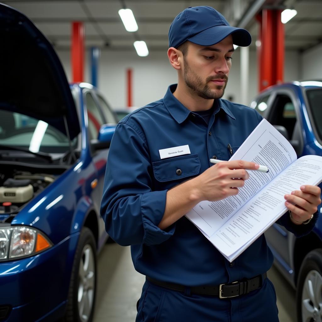 Mechanic Reviewing a Car Service Book