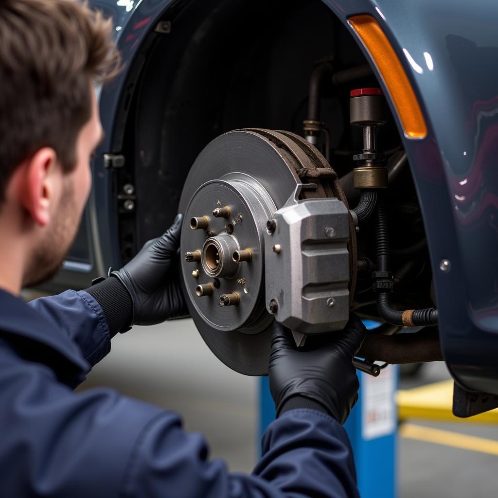 Technician performing a brake inspection in Bournemouth