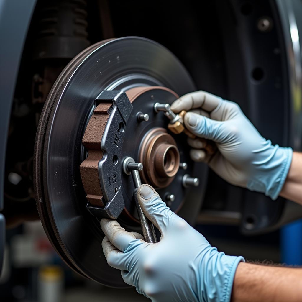 Mechanic inspecting brake system during car service