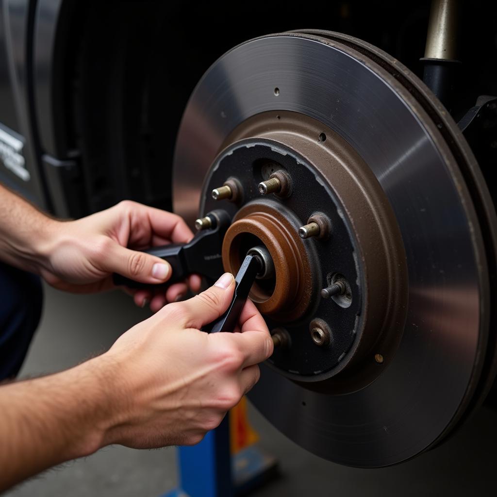 Mechanic Inspecting Car Brakes During Service