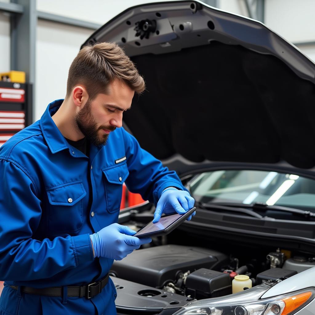 Mechanic inspecting a car in a Bristol service center