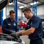 Mechanics inspecting a car in a Caboolture service centre