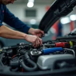 Experienced mechanic inspecting car engine in Carindale