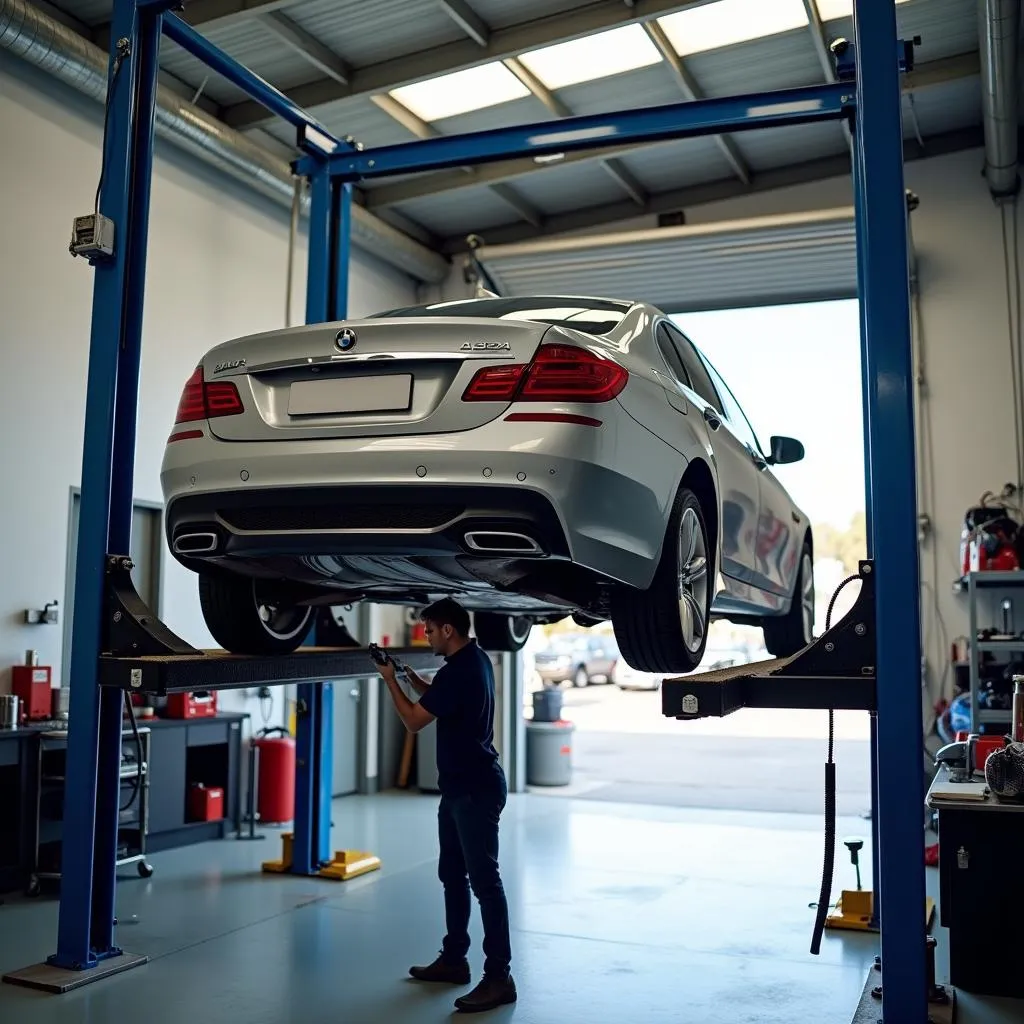 Skilled mechanic working under a lifted car in Carindale