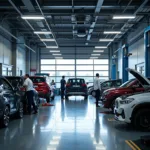 Car service center in Gurgaon with mechanics working on a vehicle