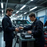 Car service center technicians working on a vehicle