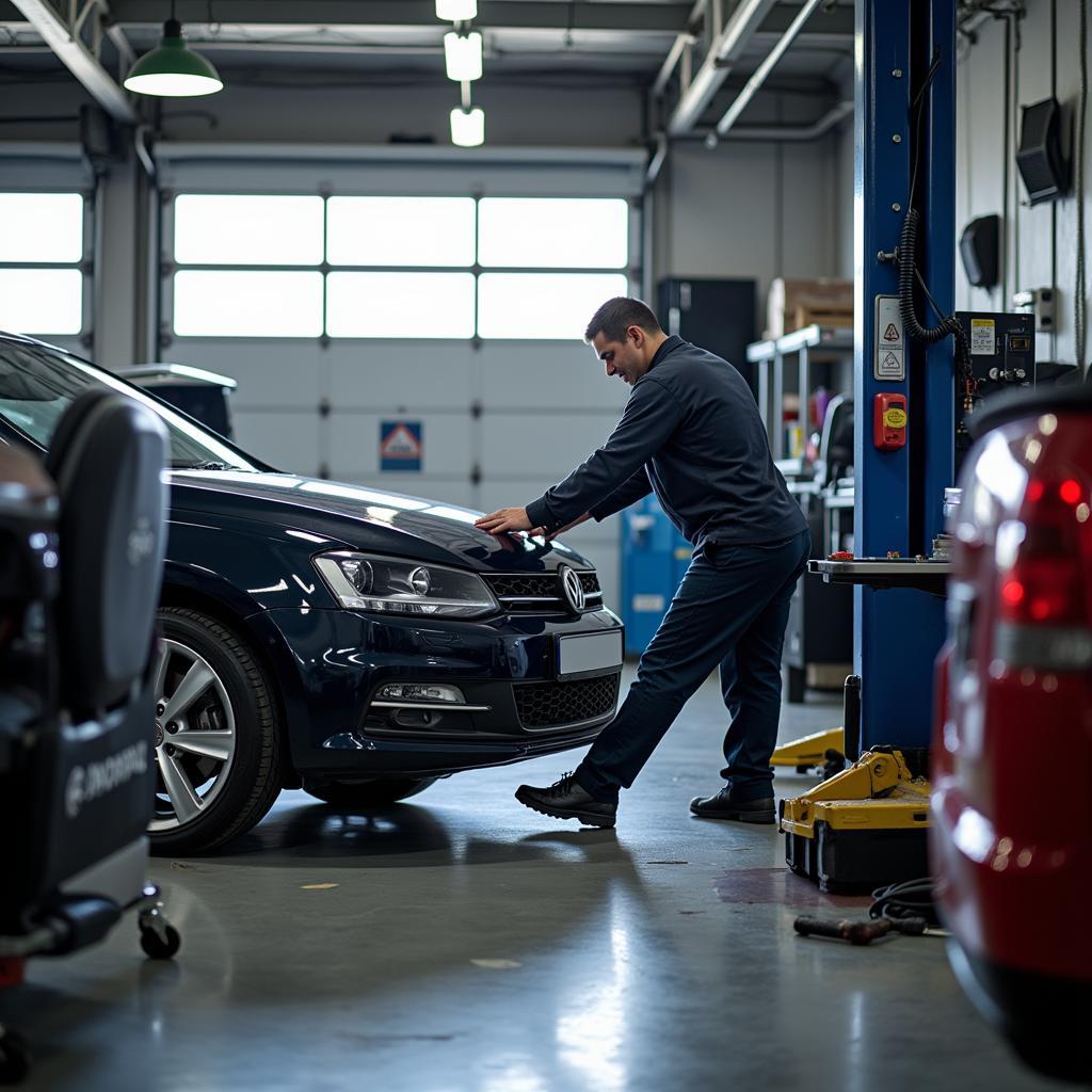 Modern car service centre with mechanics working on a vehicle