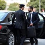 A chauffeur assists a passenger with their luggage