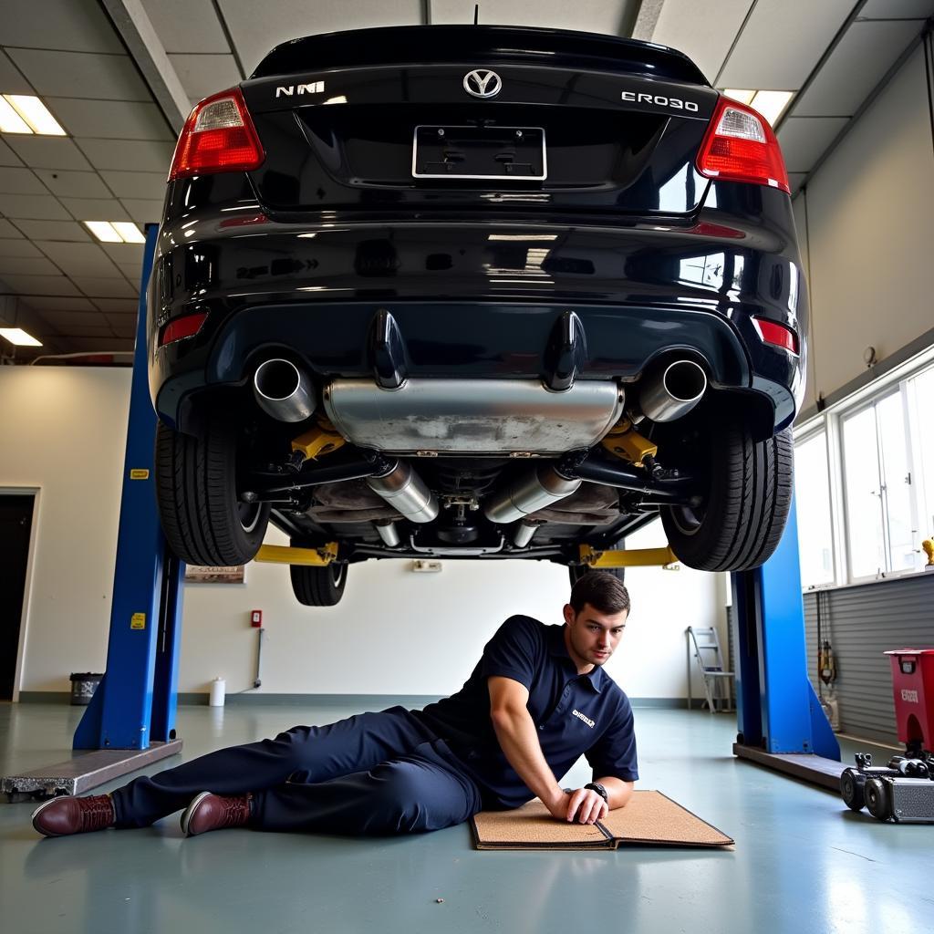 Mechanic Inspecting Car Undercarriage on a Lift