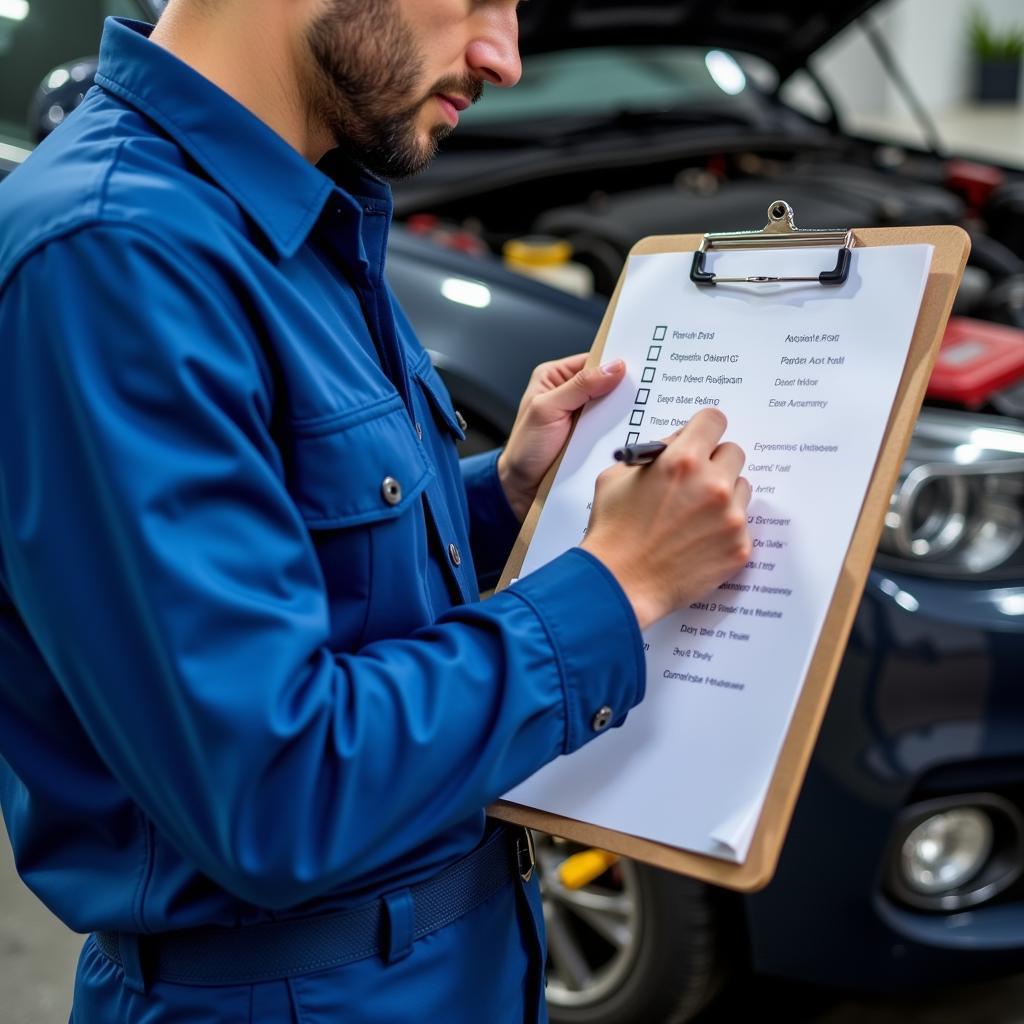 Mechanic Reviewing a Car Service Checklist