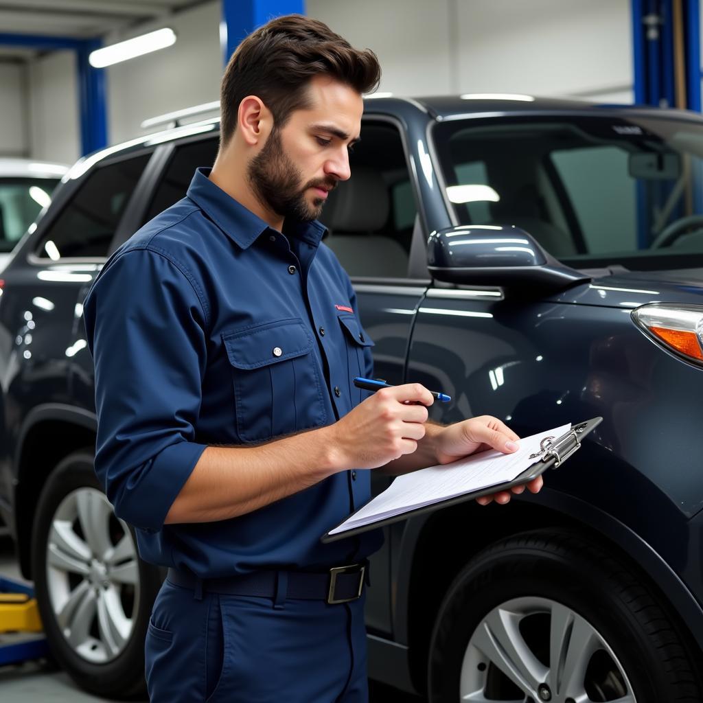 Mechanic reviewing a service checklist next to a car on a lift