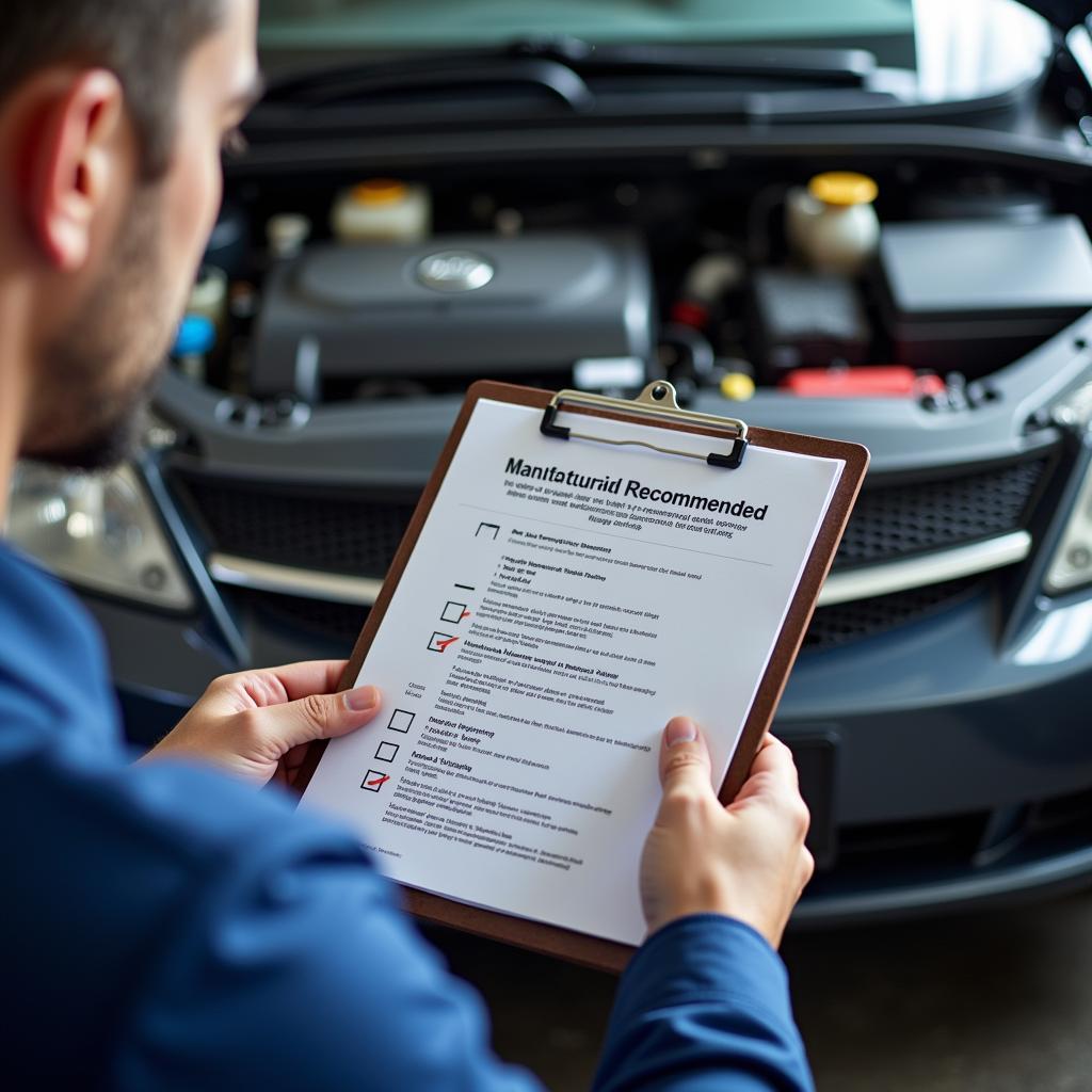 Mechanic reviewing a car service checklist