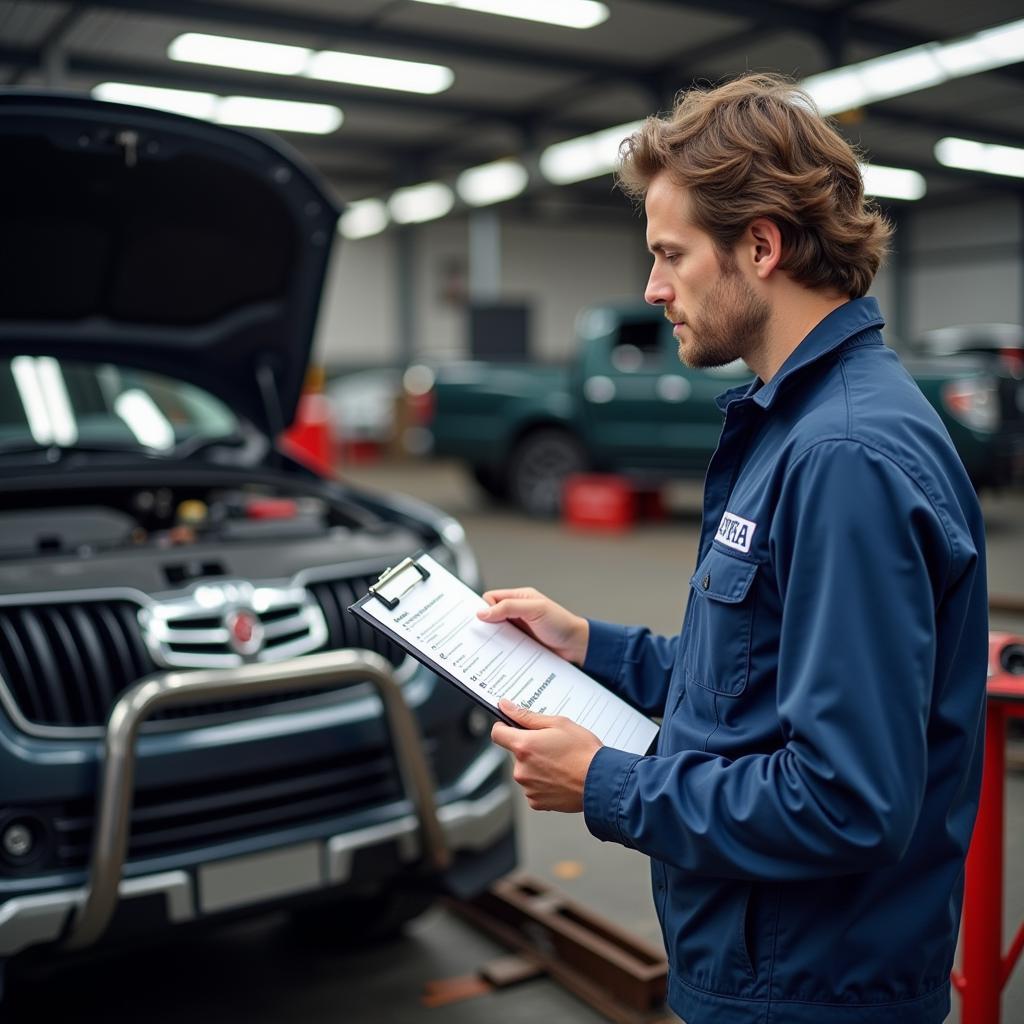 Mechanic with a Clipboard Reviewing a Car Service Checklist