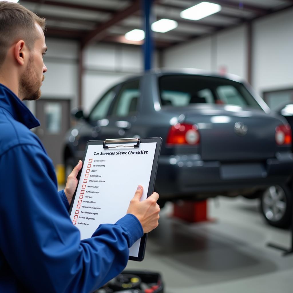 Mechanic reviewing car service checklist