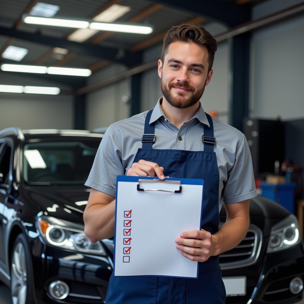 Mechanic inspecting a car checklist