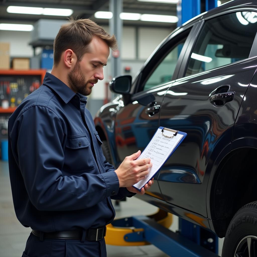 Mechanic inspecting a car with a checklist