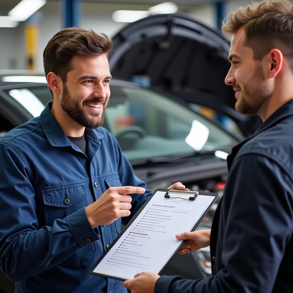 A mechanic reviewing a car service checklist with a customer