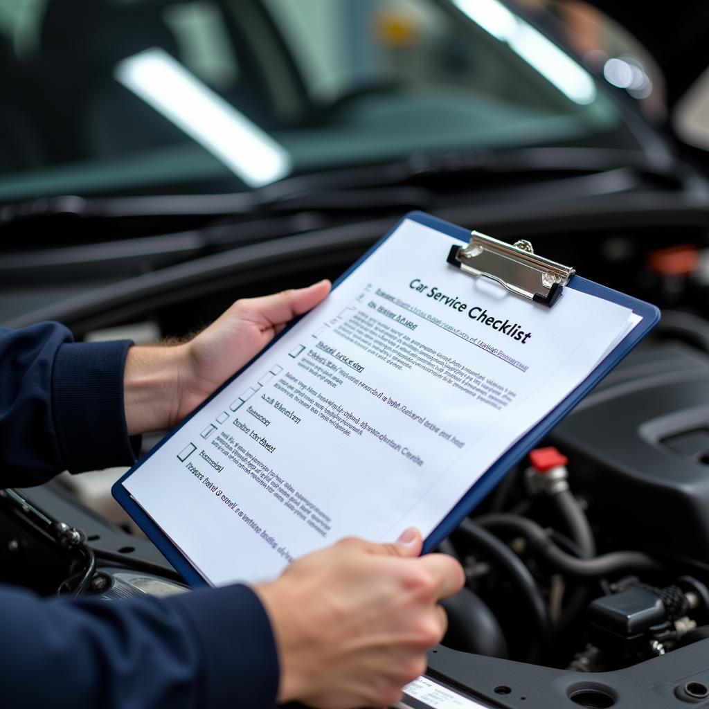  Car service checklist on a clipboard resting on a car's dashboard 