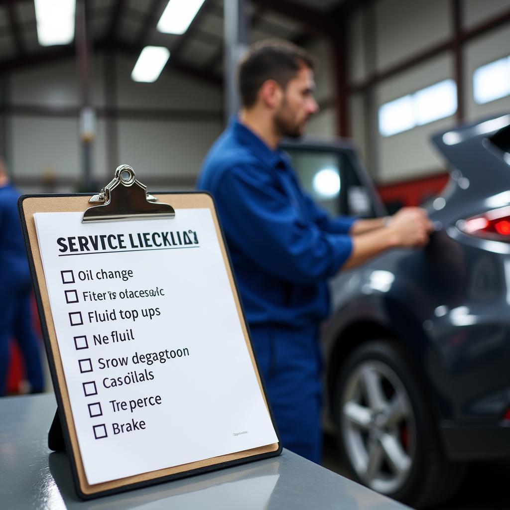 Car service checklist with mechanic in background