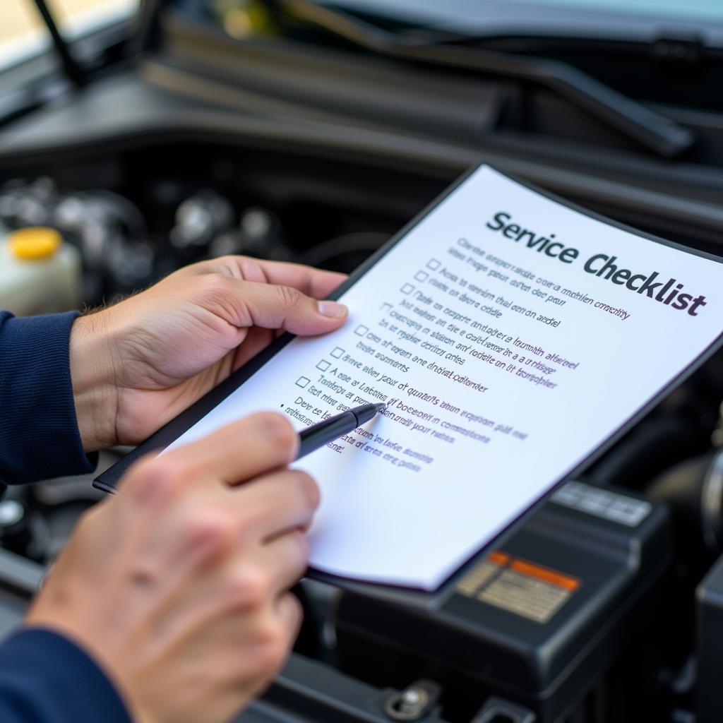 Mechanic with a clipboard checking off items on a car service checklist