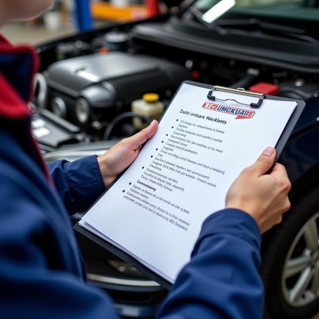 Mechanic reviewing a car service checklist in Exeter