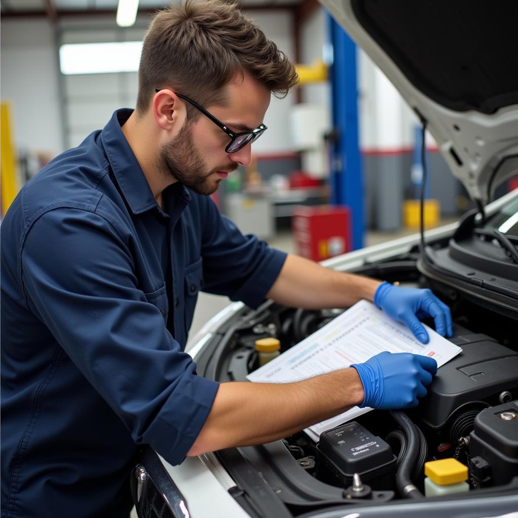 Car service checklist being reviewed by a mechanic in Fort Payne