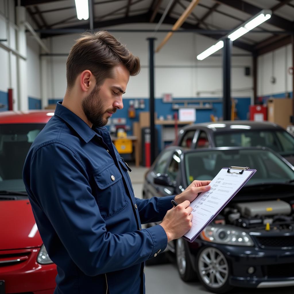 Mechanic Reviewing a Car Service Checklist in Wakefield