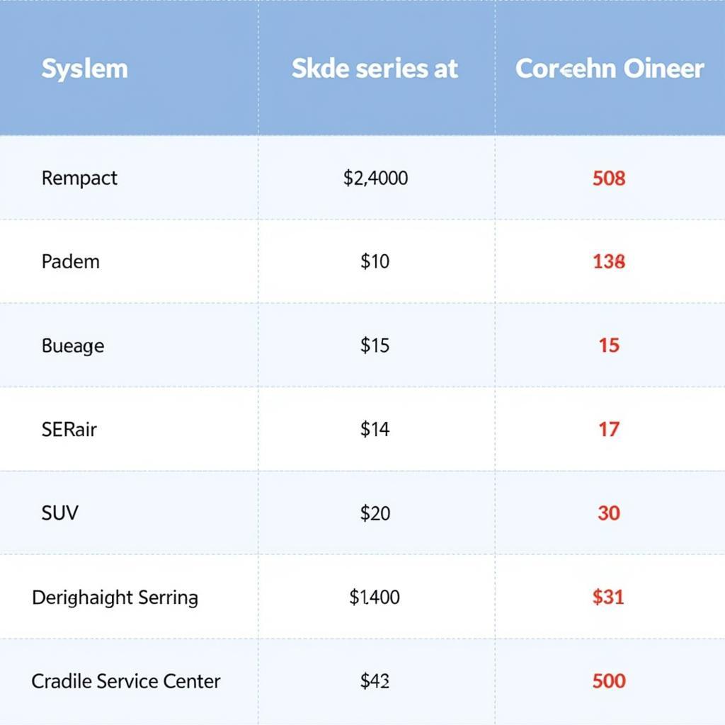 Car Service Cost Comparison Table