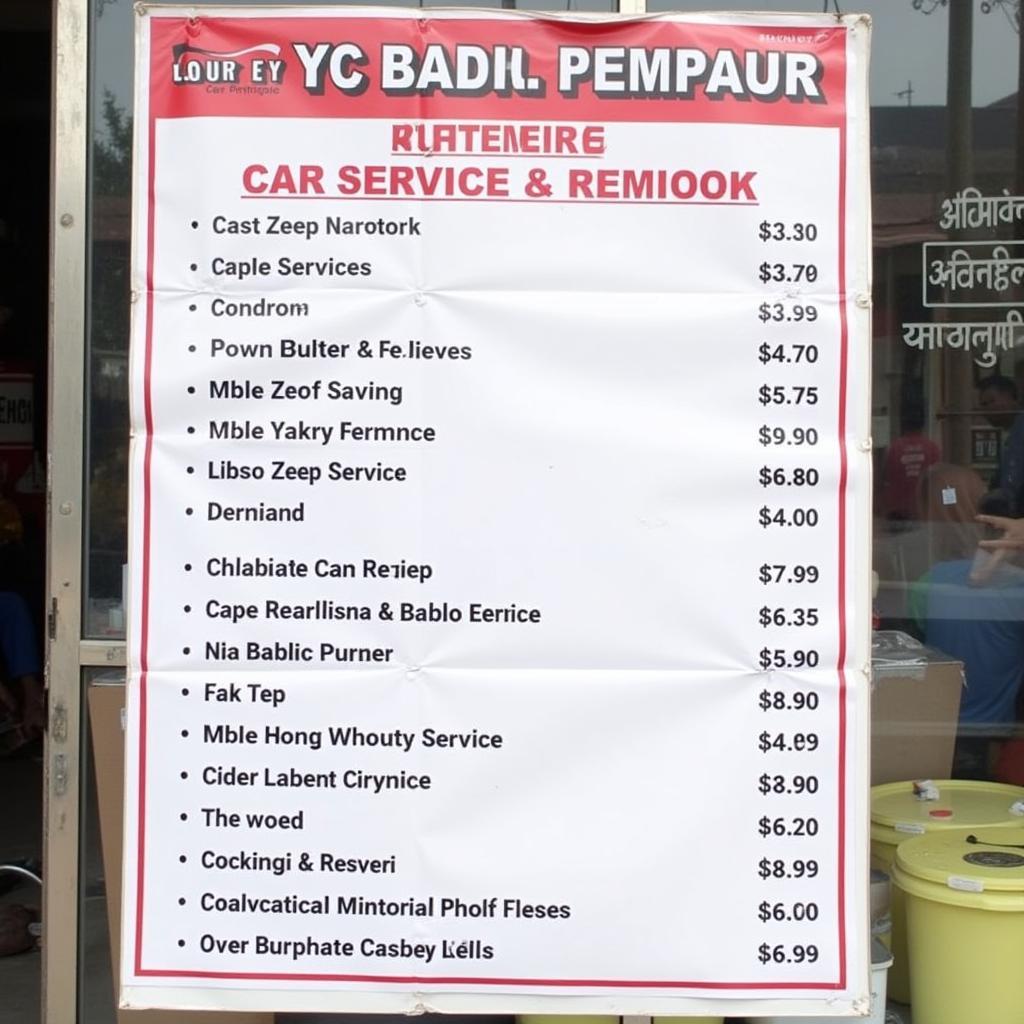 Car service price list displayed at a Mirzapur Ahmedabad garage