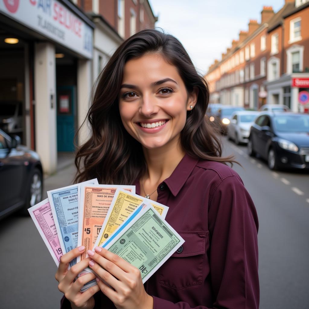 Woman holding car service coupons in Barkingside