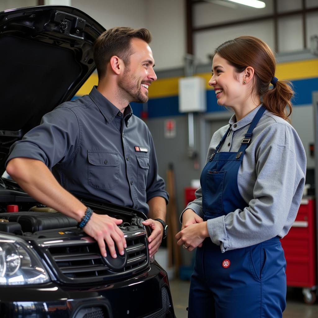 Car service customer speaking to mechanic in Fort Payne, AL