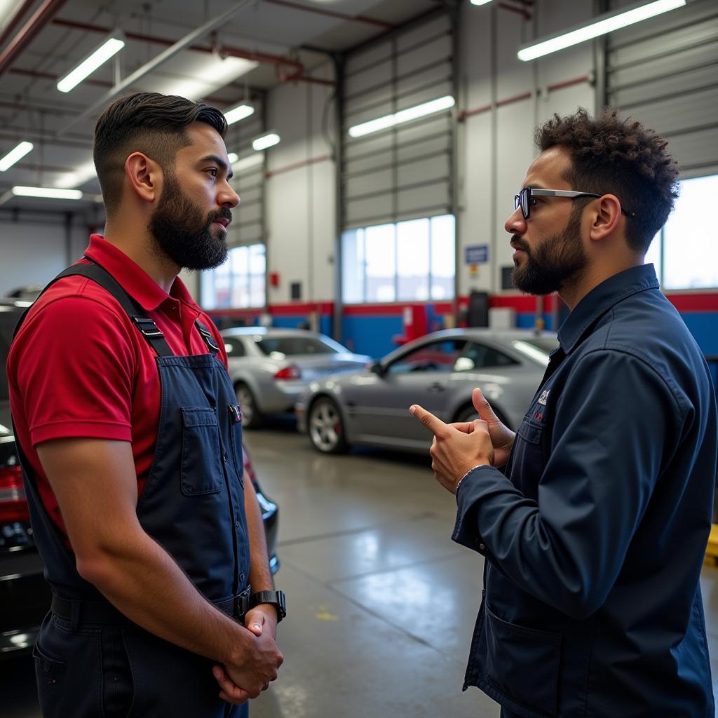 A customer discussing car issues with a mechanic in a Bushwick car service center.