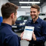 A car service advisor explaining repair details to a customer using a tablet