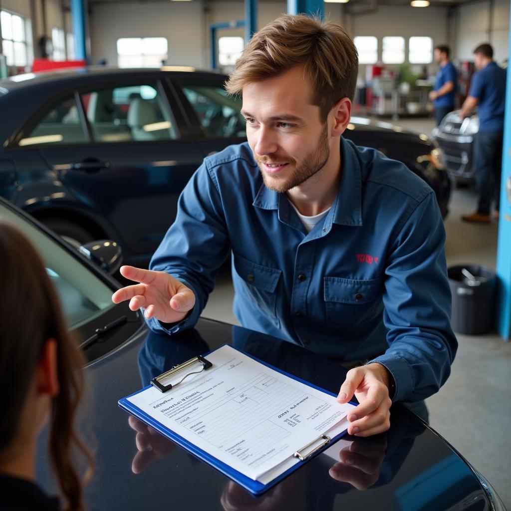 Mechanic explaining car repair to a customer in Philadelphia