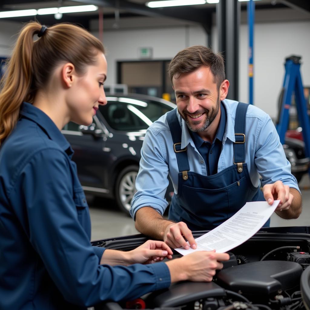 A car owner discussing car repair details with a mechanic inside a garage office