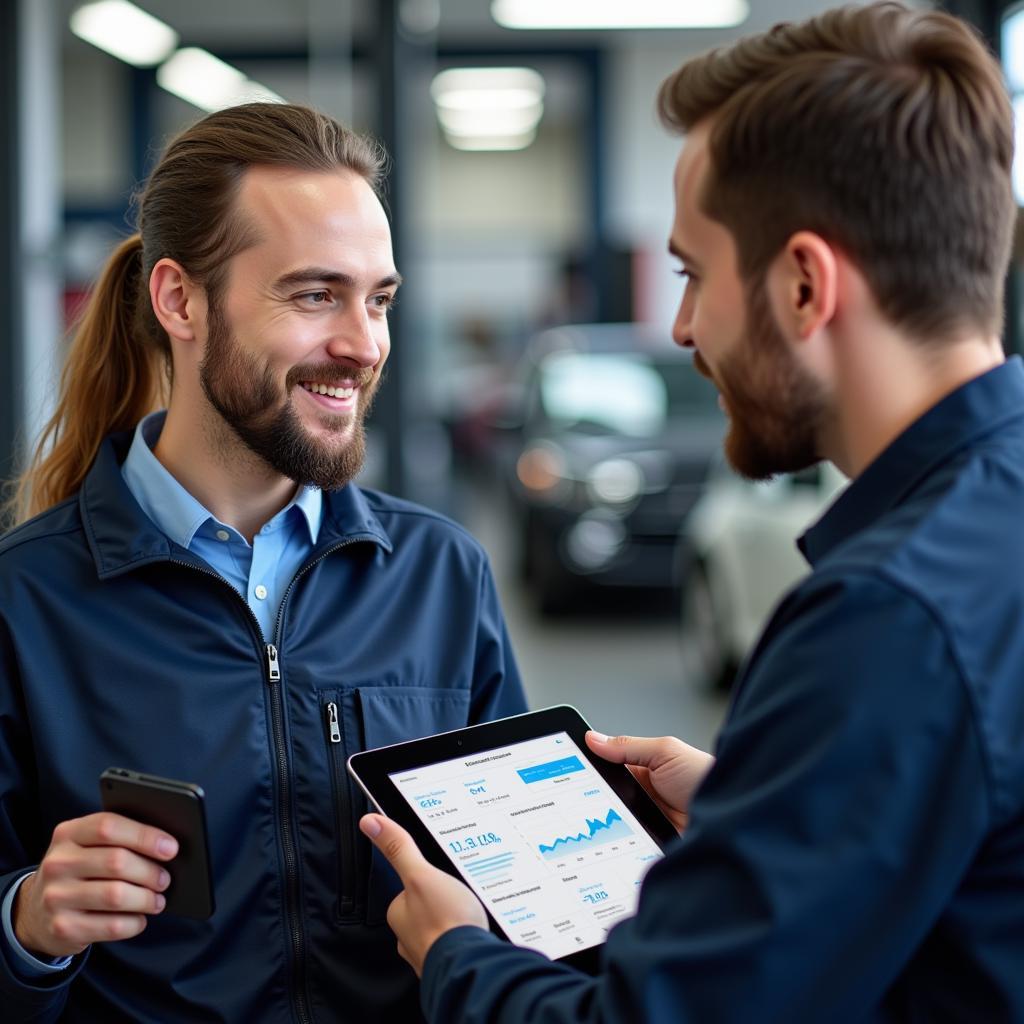 Car service advisor discussing car repair with customer