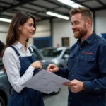 Mechanic discussing car repair with a customer in Little Hallingbury