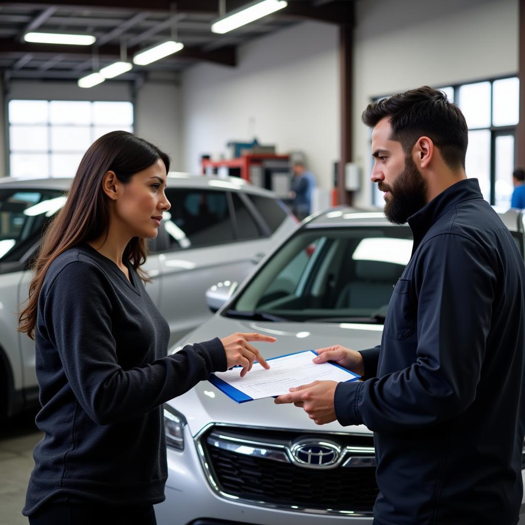 Car service customer discussing repair options with a mechanic