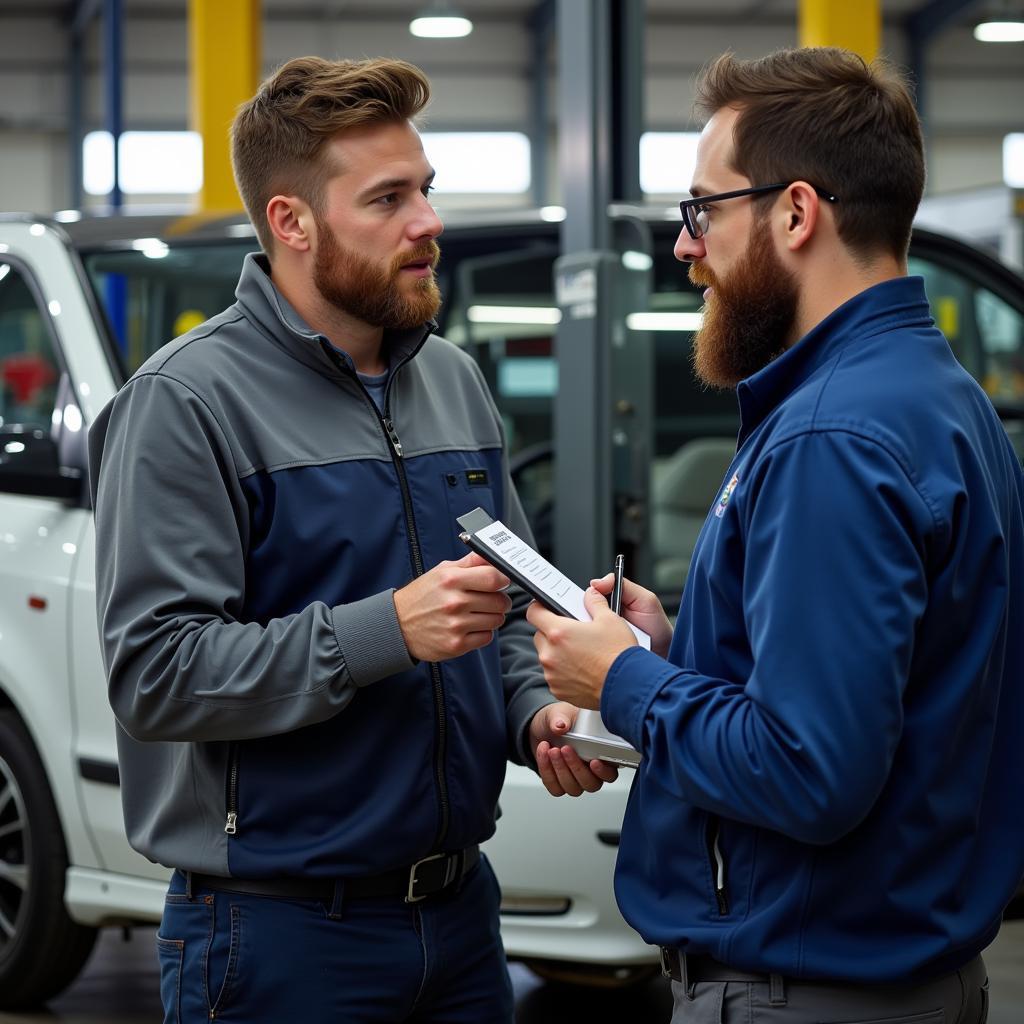 Car service customer discussing invoice with mechanic