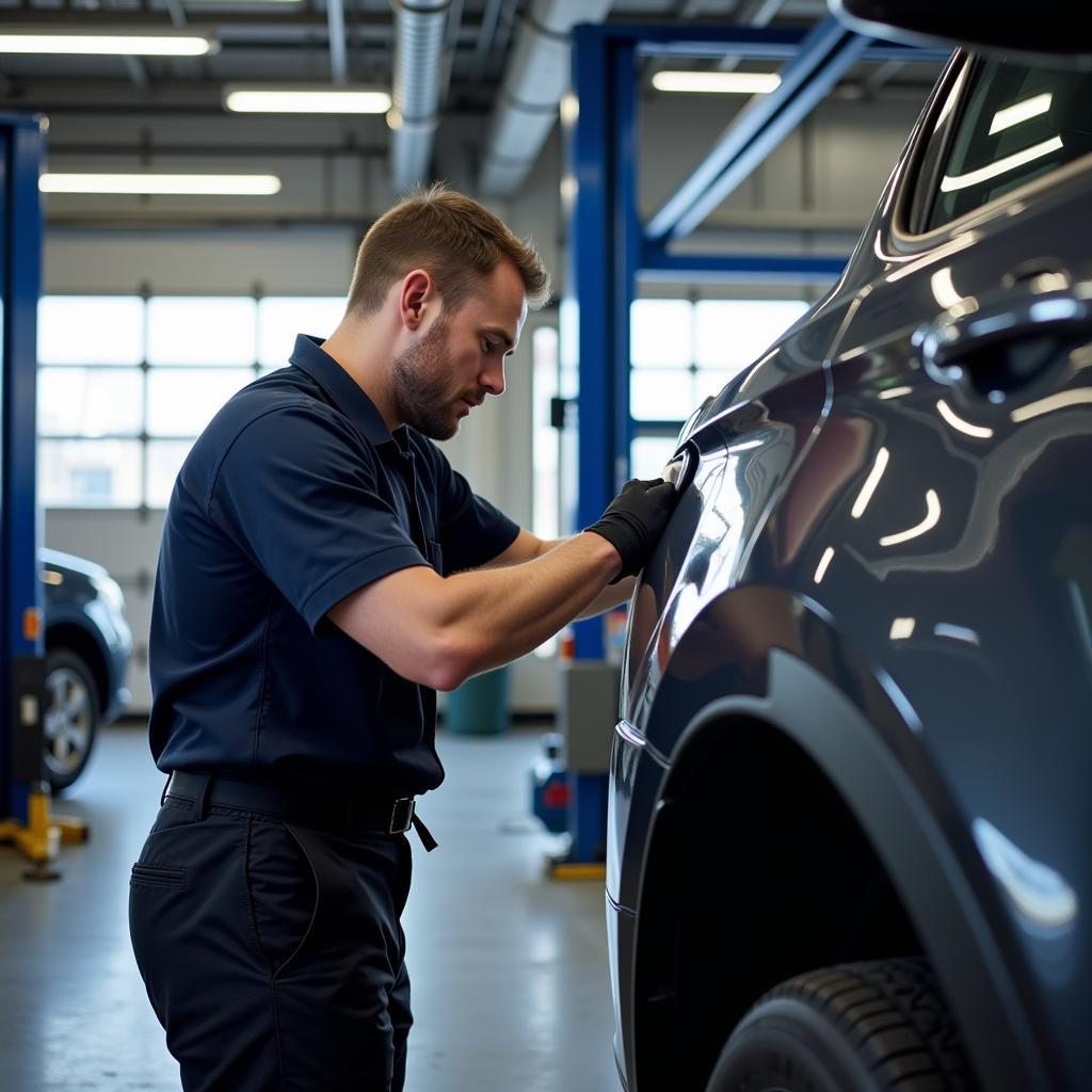 Mechanic inspecting a car in a Darlington garage