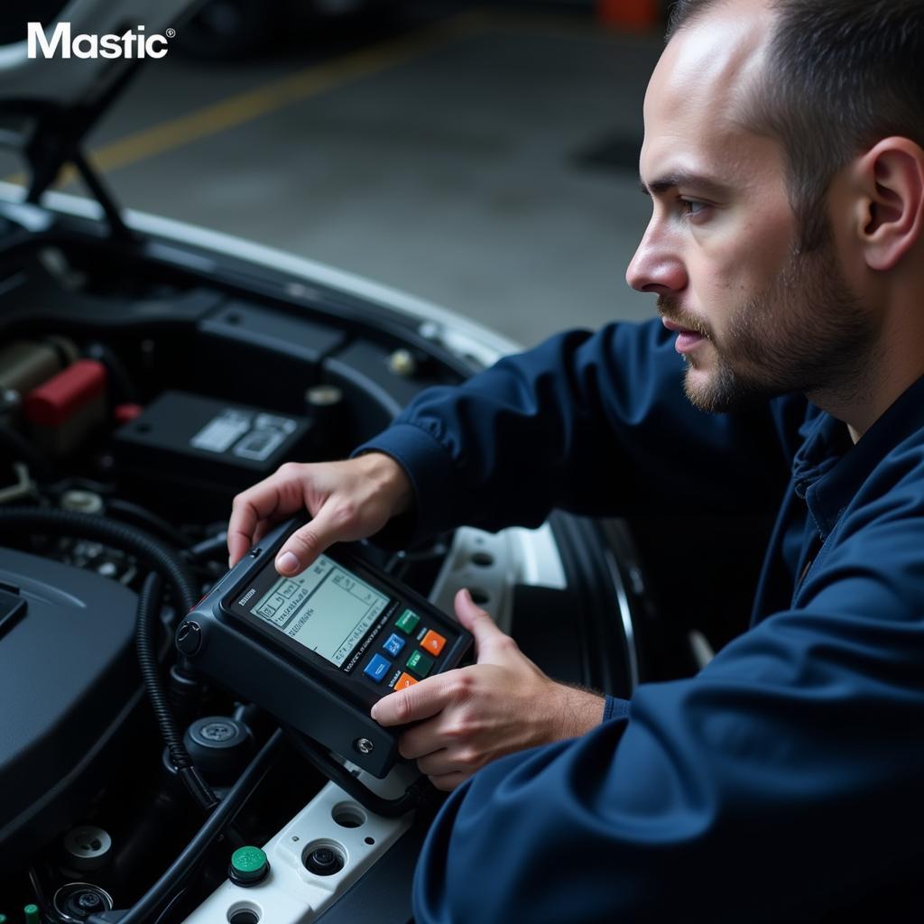 Professional mechanic using diagnostic tools on a car