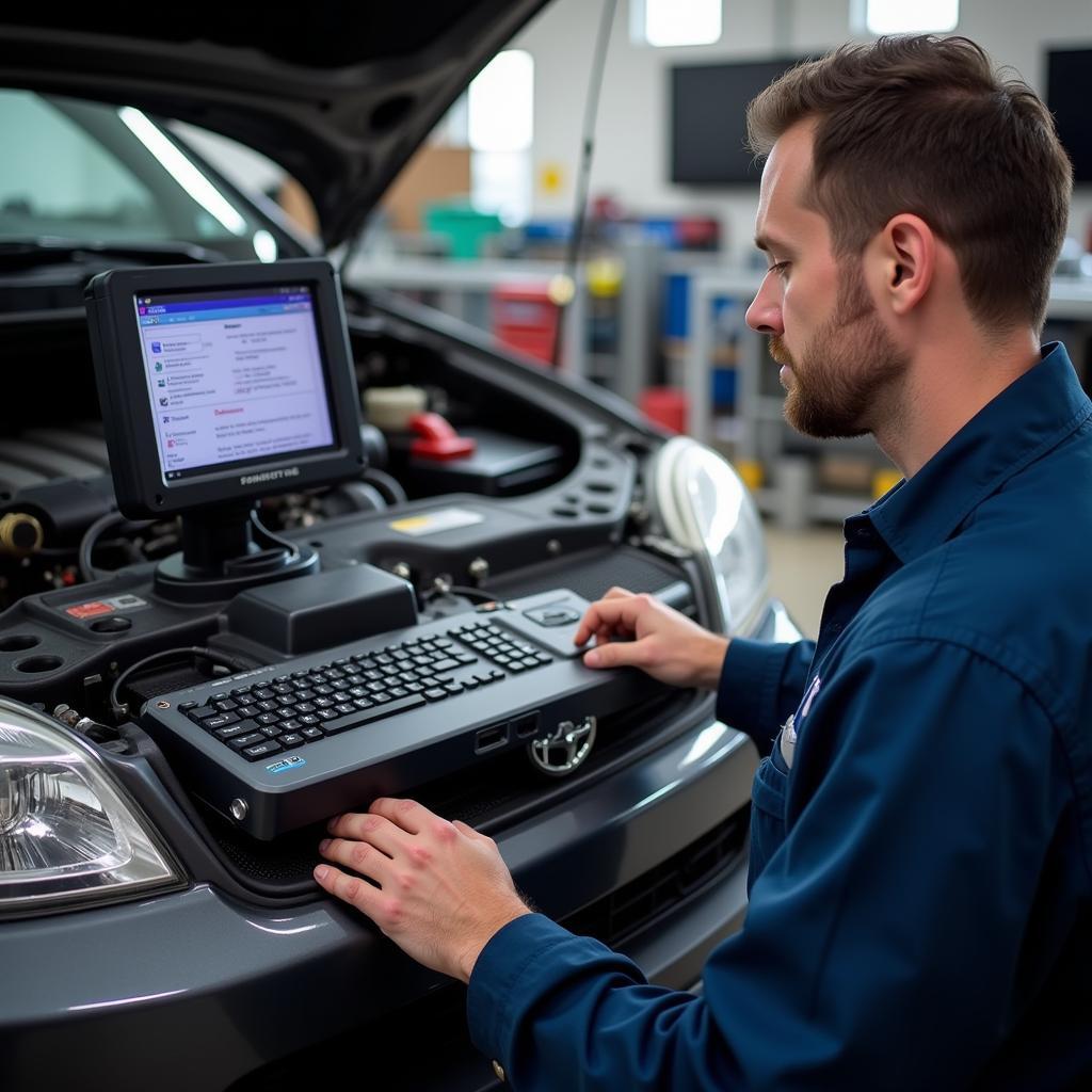 Car service professional using diagnostic equipment in City Springs.