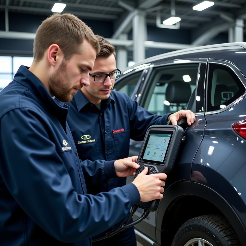 Car service DN18 technicians using diagnostic tools