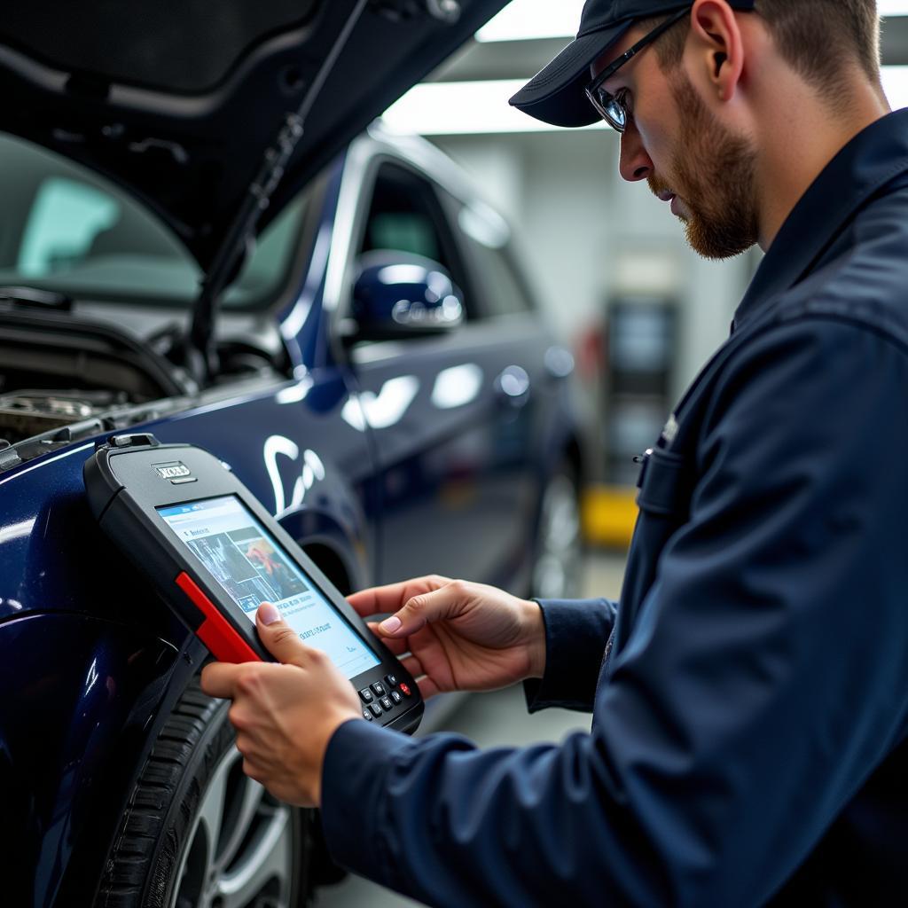 Car Service Technician in Dublin Using Diagnostic Equipment