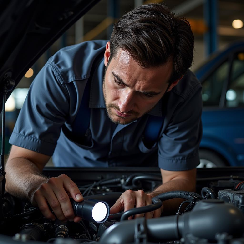 Mechanic inspecting a car engine bay