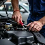 Mechanic Inspecting Car Engine During Service