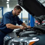 Car service technician performing engine check