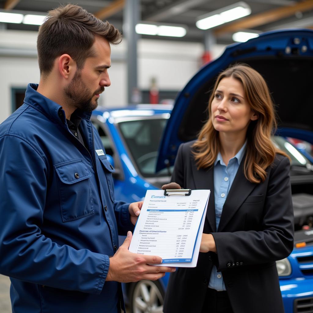 Mechanic reviewing a car service estimate with a customer