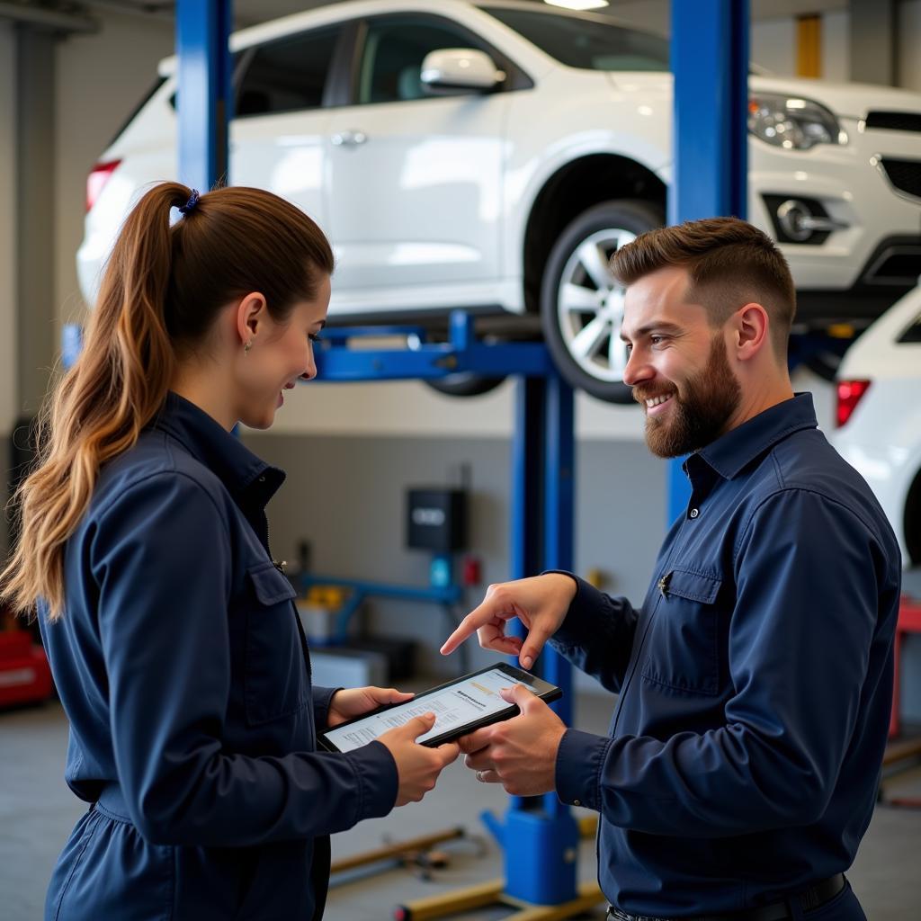 Mechanic reviewing a car service estimate with a customer in Monroe County