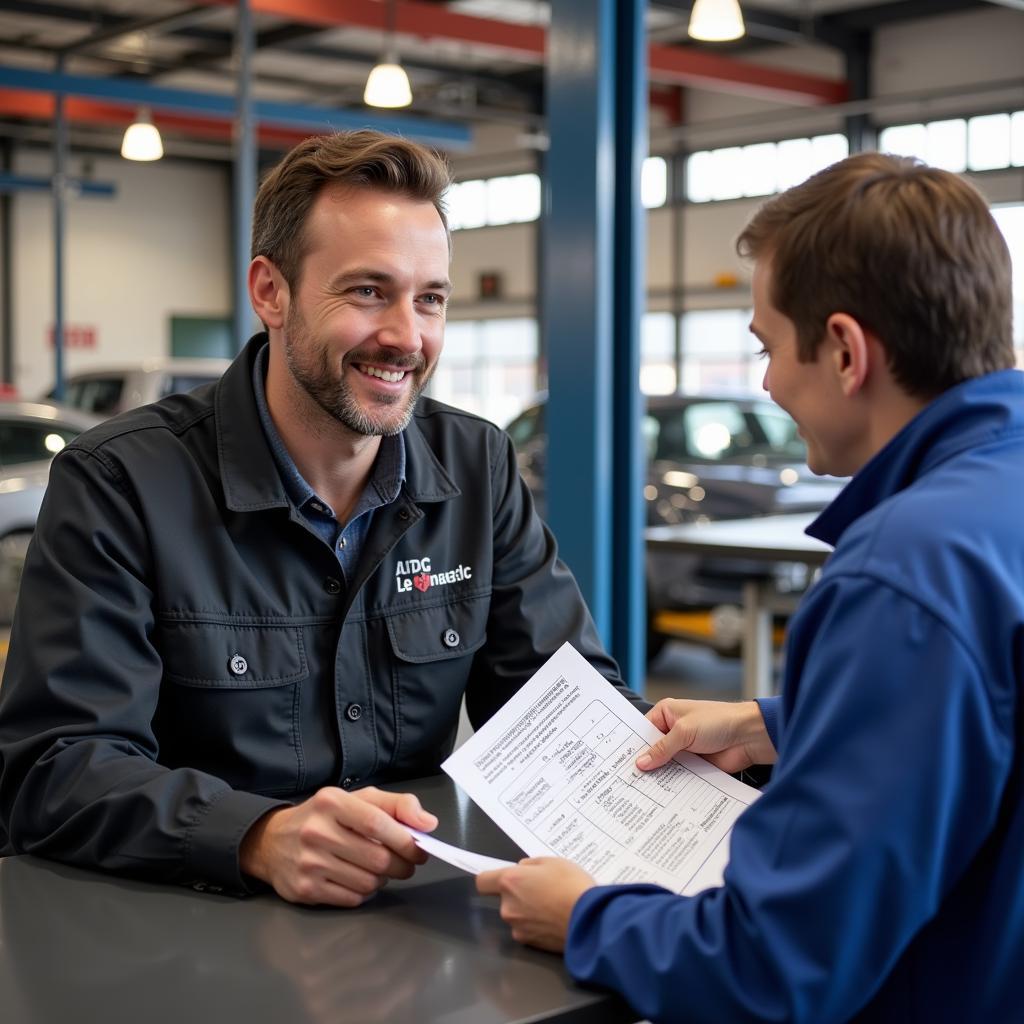 Mechanic Reviewing a Car Service Estimate with a Customer